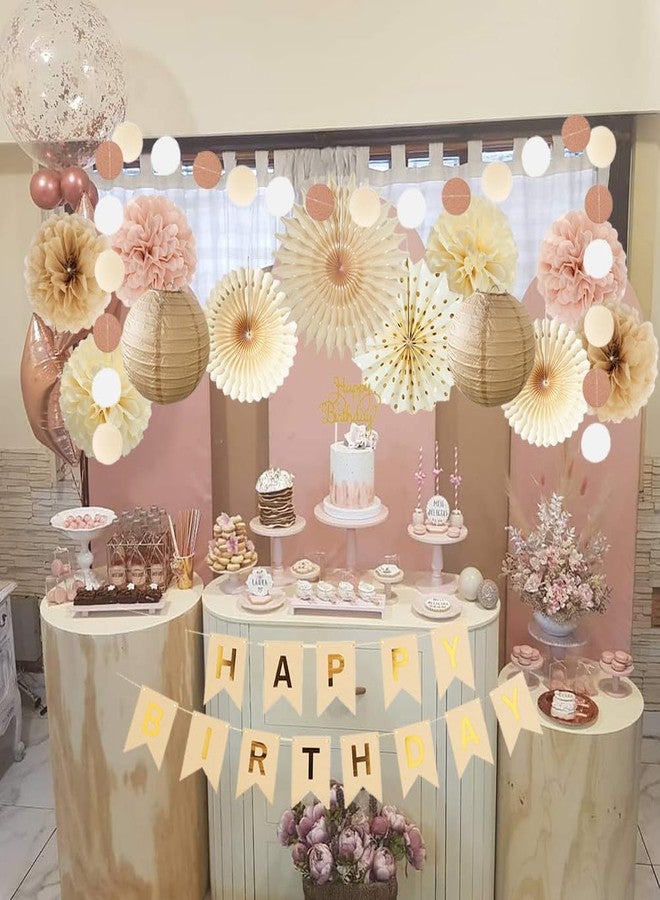 FETETIJD Champagne Gold Beige Fall Boho Birthday Decorations for Women Girls Beige and Pink Birthday Decorations Neutral Blush Dusty Pink Balloons Happy Birthday Banner Tissue Paper Pom Poms Fans Lanterns - Image 4