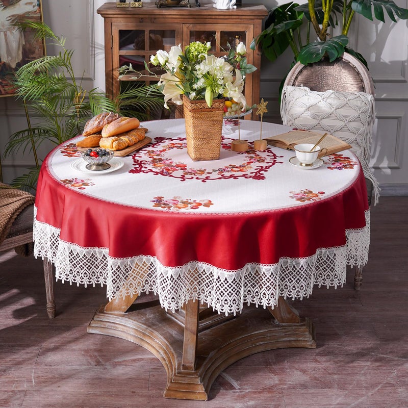 ARTABLE Round Tablecloth Lace Rustic Macrame Embroidered Table Cloths for Harvest Dresser Decor Farmhouse Kitchen Home (Burgundy, 90" Round) - Image 2