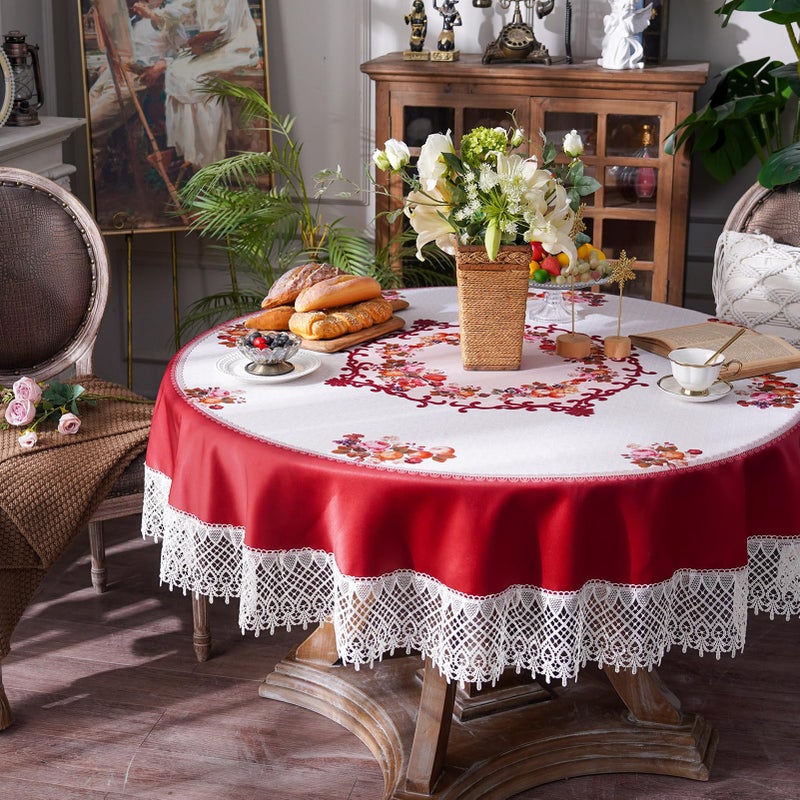 ARTABLE Round Tablecloth Lace Rustic Macrame Embroidered Table Cloths for Harvest Dresser Decor Farmhouse Kitchen Home (Burgundy, 90" Round) - Image 3