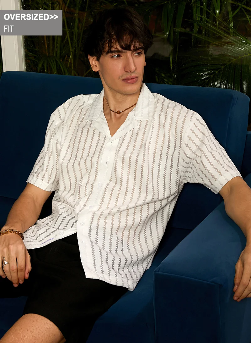 Campus Sutra Campus Sutra Men's Cream White Zig-Zag Sheer Shirt For Casual Wear | Cuban Collar | Short Sleeve | Button Closure | Oversized Shirt Crafted With Comfort Fit For Everyday Wear
