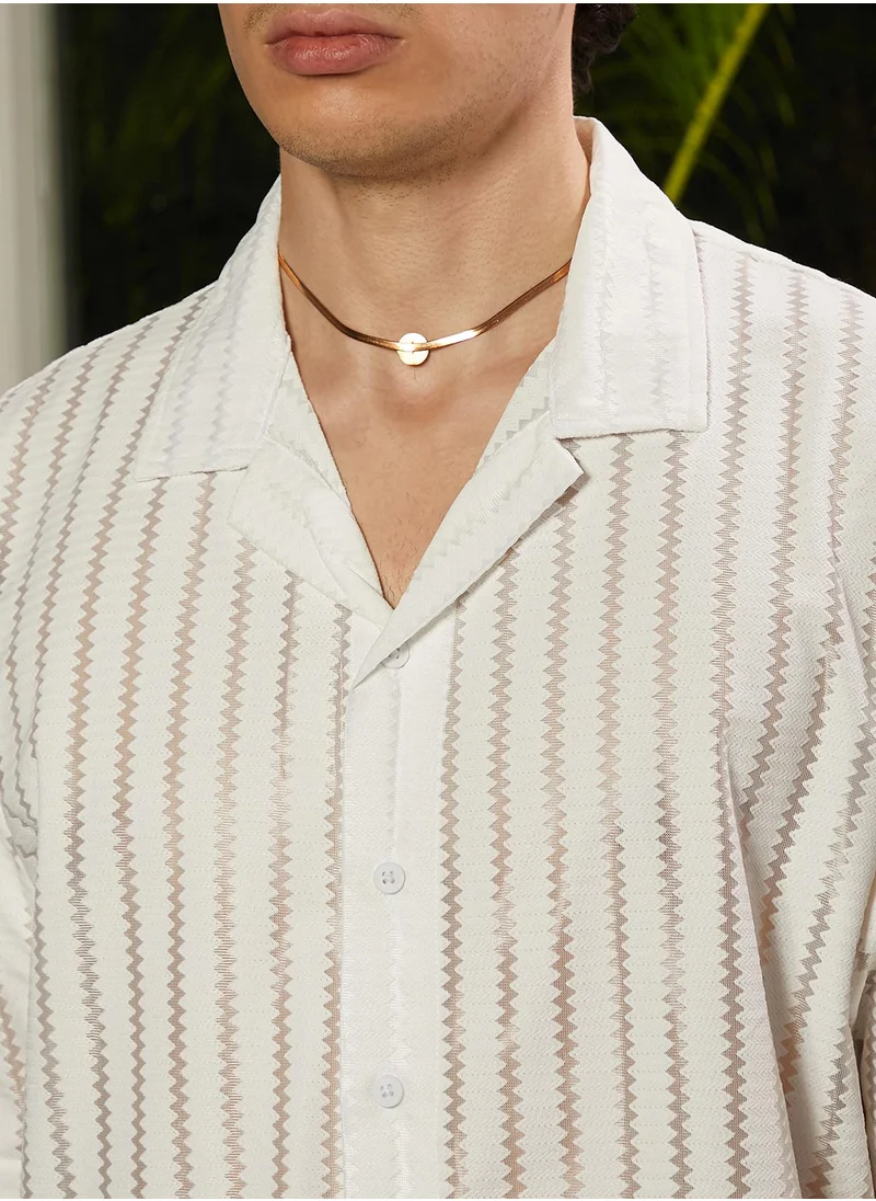 Campus Sutra Men's Cream White Zig-Zag Sheer Shirt