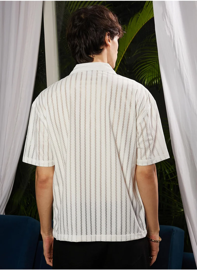 Campus Sutra Men's Cream White Zig-Zag Sheer Shirt