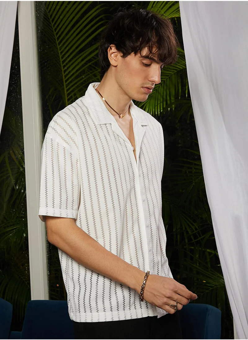 Campus Sutra Men's Cream White Zig-Zag Sheer Shirt
