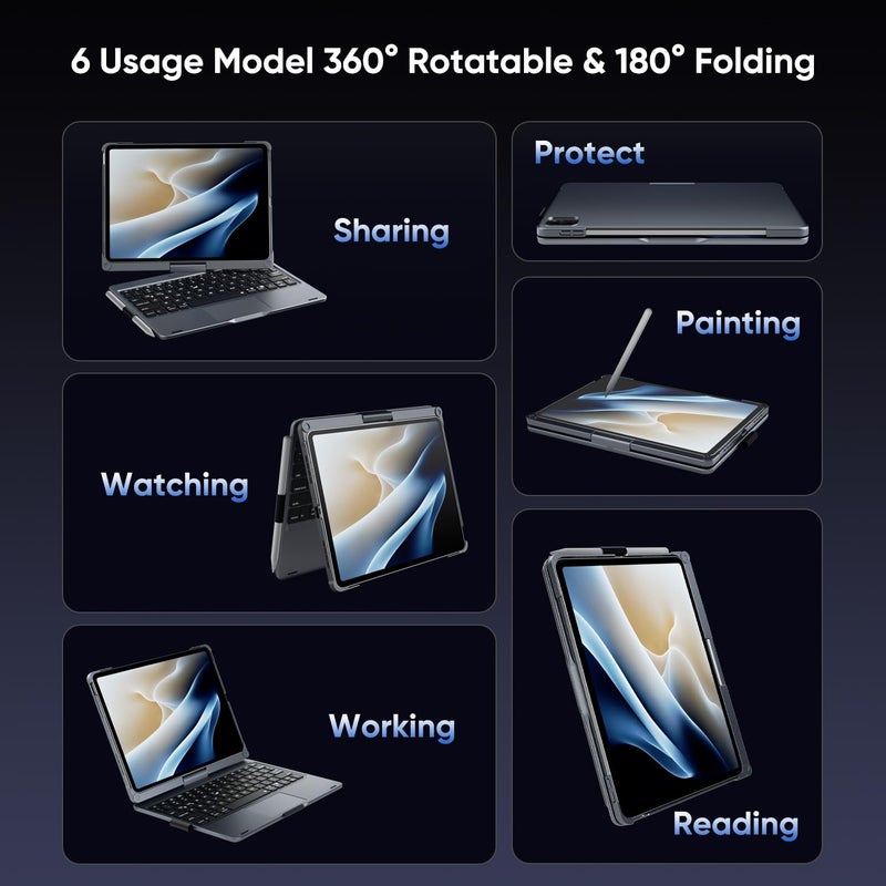 doqo Keyboard case for iPad Air 11 inch(M3/M2),iPad Pro 11(4th,3rd,2nd,1st Gen),iPad Air 5/4th Case with Keyboard 360Â° Rotatable with Trackpad 7 Color Backlight Pencil Holder (Gray) - Image 4