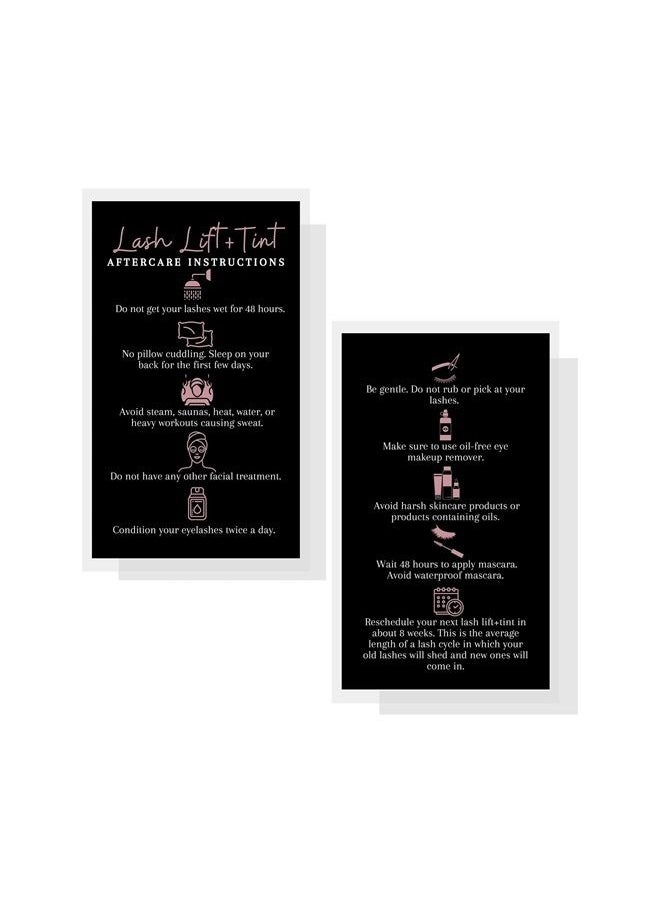 Boutique Marketing LLC Lash Lift + Tint Aftercare Instruction Cards | 50 Pack | 2x3.5 inches Business Card Size | Eyelash Lift and Tint Aftercare Kit | Black and Rosey Pink Design  - Image 1