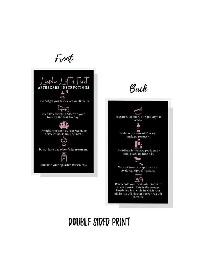 Boutique Marketing LLC Lash Lift + Tint Aftercare Instruction Cards | 50 Pack | 2x3.5 inches Business Card Size | Eyelash Lift and Tint Aftercare Kit | Black and Rosey Pink Design  - Image 2