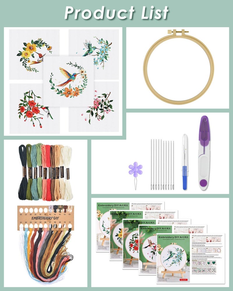 ERKOON 5 Sets Embroidery Kit for Beginners, Hummingbird and Flower Cross Stitch Set for Include Embroidery Cloth Hoops Threads for Craft Lover Hand Stitch with Embroidery Skill Techniques - Image 2