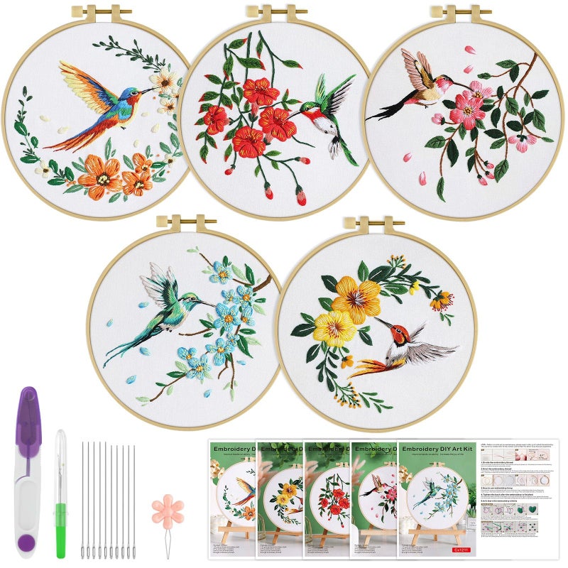 ERKOON 5 Sets Embroidery Kit for Beginners, Hummingbird and Flower Cross Stitch Set for Include Embroidery Cloth Hoops Threads for Craft Lover Hand Stitch with Embroidery Skill Techniques - Image 1
