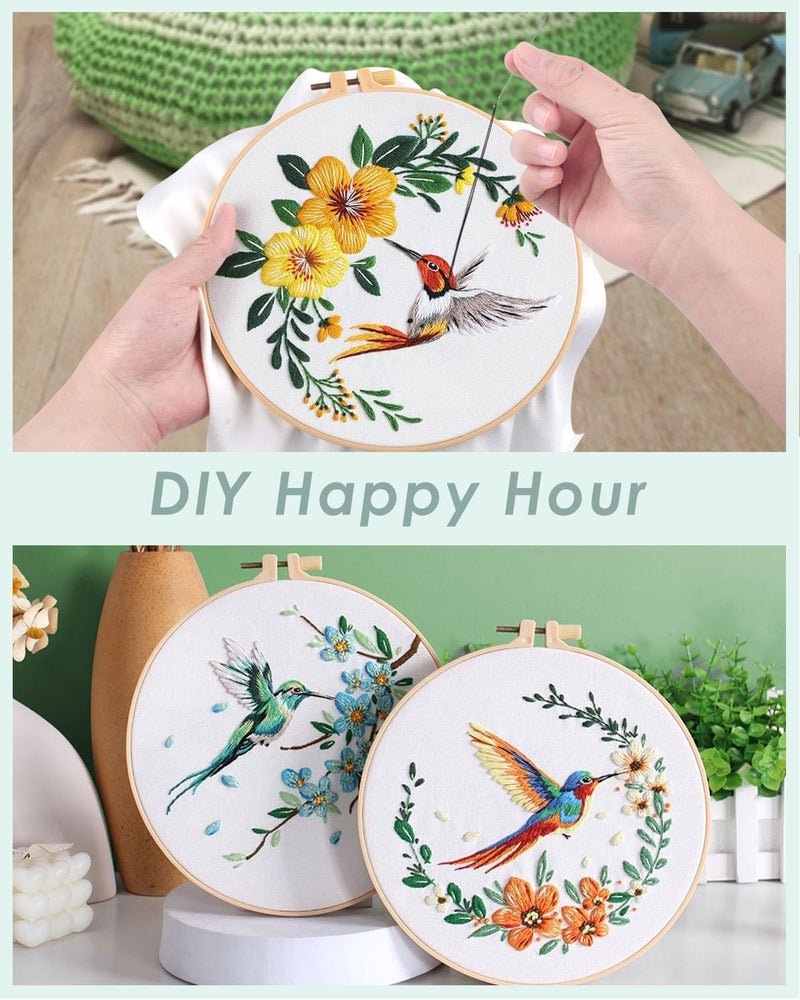 ERKOON 5 Sets Embroidery Kit for Beginners, Hummingbird and Flower Cross Stitch Set for Include Embroidery Cloth Hoops Threads for Craft Lover Hand Stitch with Embroidery Skill Techniques - Image 3