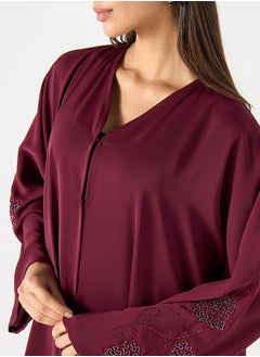 Hadiyath Al Madinah Burgundy Embroidered Abaya - HM  - Image 3