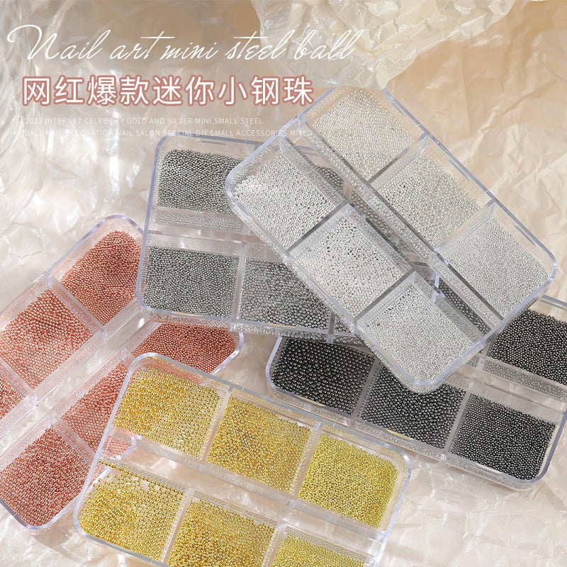 Princess Series Nail Art Steel Beads Set – Mini Metal 6-Grids Box with Gold, Silver, and Gun Black - Image 2