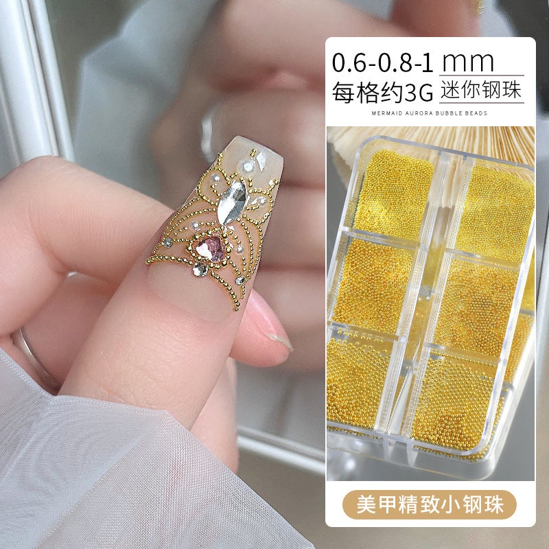 Princess Series Nail Art Steel Beads Set – Mini Metal 6-Grids Box with Gold, Silver, and Gun Black - Image 1