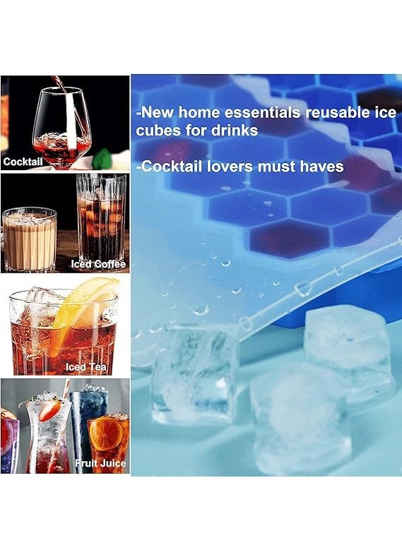 GELON Silicone Ice Cube Tray with Lid 37 Hexagonal Grids Blue