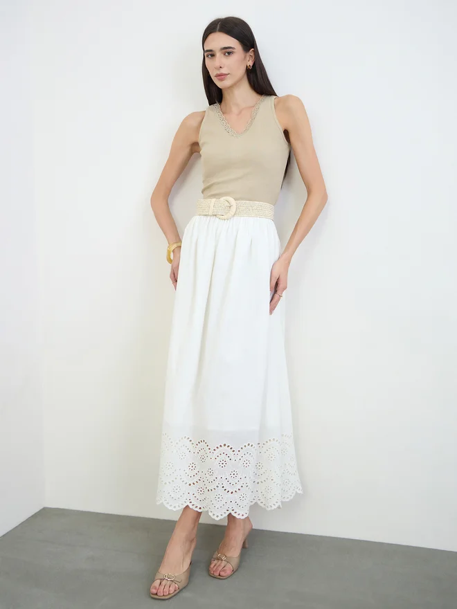 Styli Off White Schiffli Hem A-Line Maxi Skirt