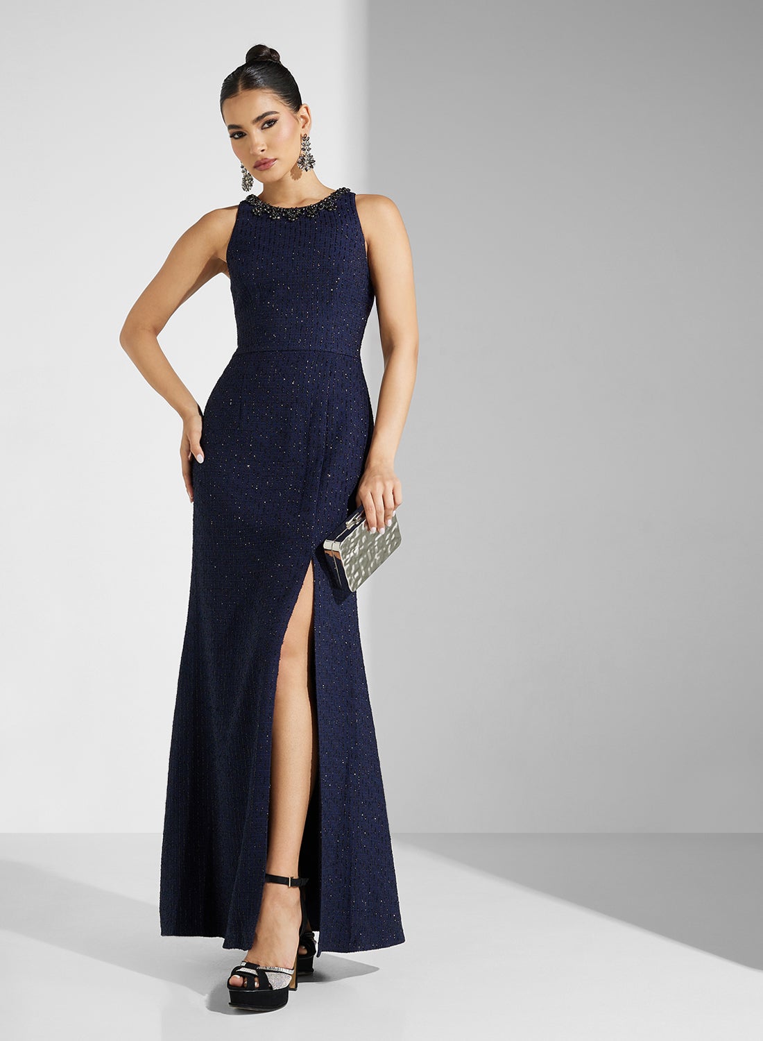 Maya　ネイビー Maya Embroidered Chiffon Dress for Women | Best Price KSA