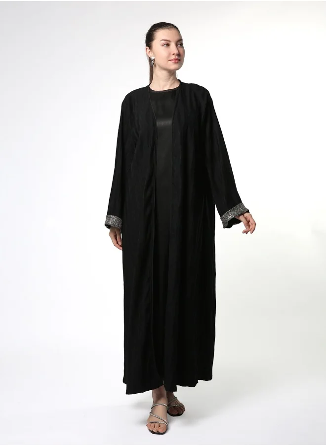 لاين 73 باي زهرة Patterned A-Line Black Abaya