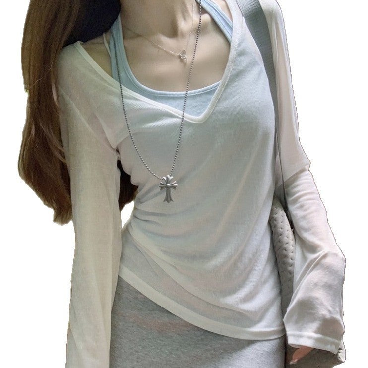 Women's Two-Piece Set with V-Neck Sheer T-Shirt and Halter Camisole - Image 5