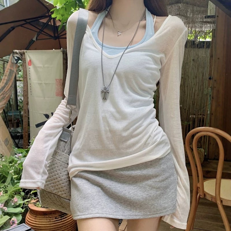 Women's Two-Piece Set with V-Neck Sheer T-Shirt and Halter Camisole - Image 2