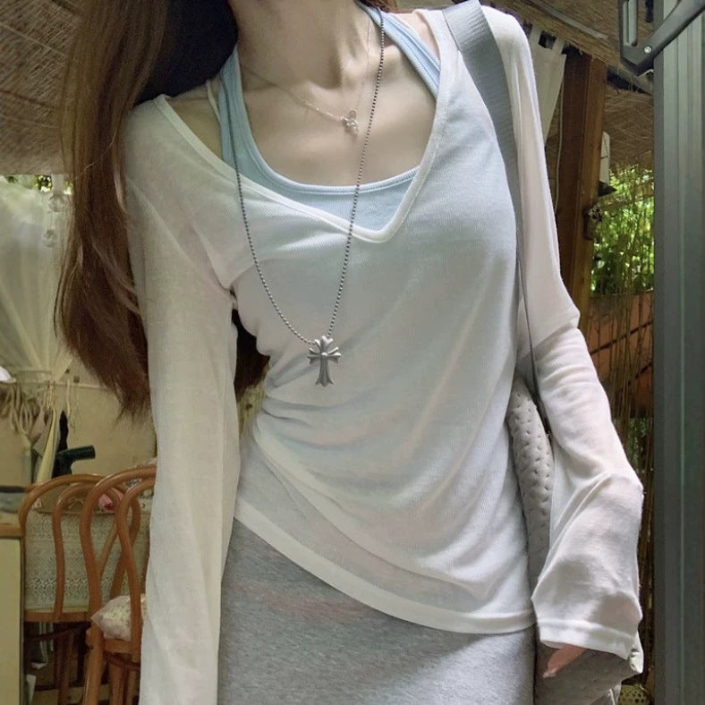 Women's Two-Piece Set with V-Neck Sheer T-Shirt and Halter Camisole - Image 4