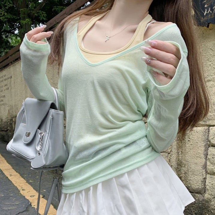 Women's Two-Piece Set with V-Neck Sheer T-Shirt and Halter Camisole - Image 1