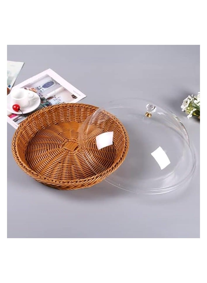 Green Tiger Rattan Bread Basket with Acrylic Dome Cover, 12 Inch Round Woven Fruit Basket Handmade Poly Food Serving Basket for Bread, Snacks, Vegetable, Food - Image 1