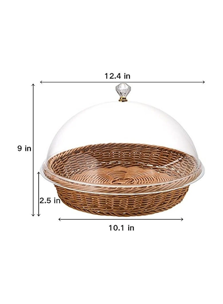 Green Tiger Rattan Bread Basket with Acrylic Dome Cover, 12 Inch Round Woven Fruit Basket Handmade Poly Food Serving Basket for Bread, Snacks, Vegetable, Food - Image 2