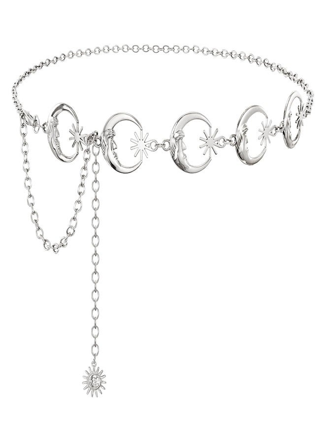 سوزدي حزام كونشو معدني غربي من SUOSDEY للنساء، حزام خصر بتصميم رعاة البقر، مناسب لفساتين بوهو، الجينز، وحفلات موسيقى الريف، لون فضي قمري - Image 1