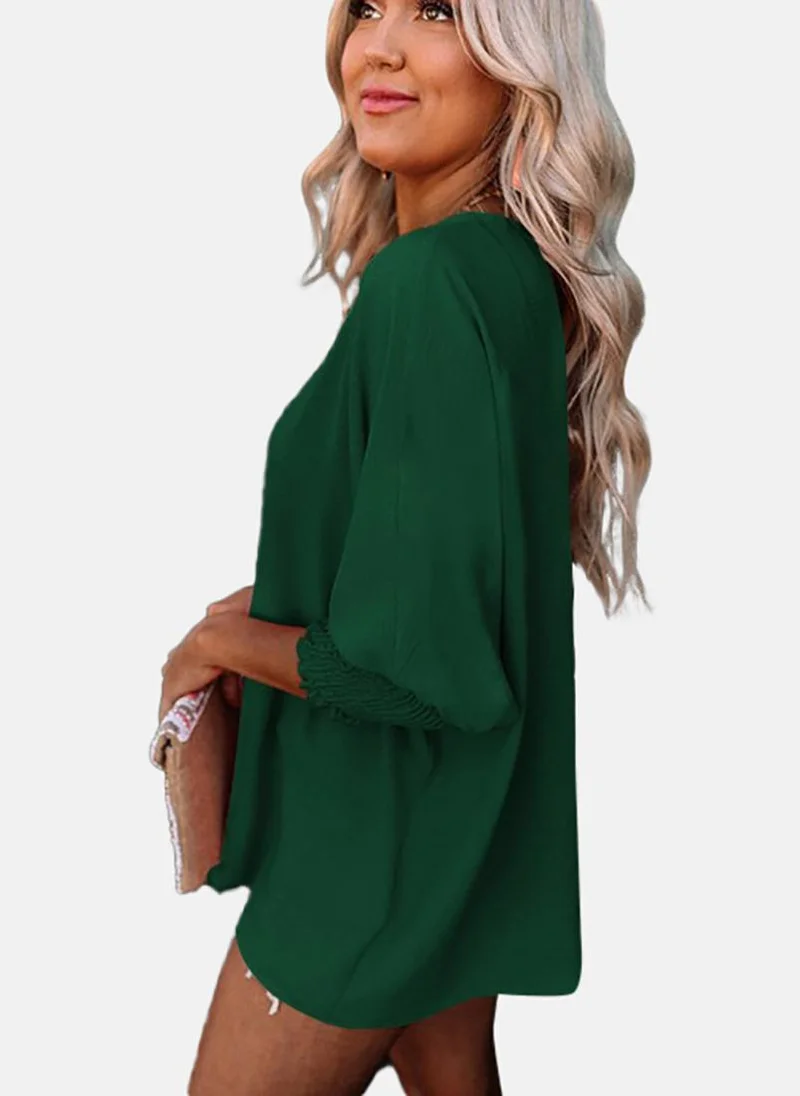 يونيكي Green Solid Three-Fourth Round Neck Tunics