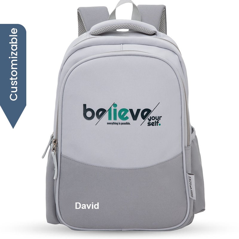 Eazy Kids Personalized 15.3” Lightweight School Backpack for Kids – Believe Yourself Design, Grey - Image 1