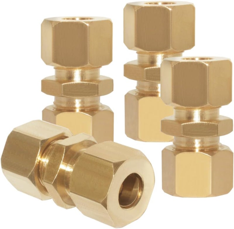 Uenede 4PCS Brass Compression Tube Fitting, Union, 1/4" Tube OD x 1/4" Tube OD Coupler Connector Pipe Fittings - Image 1
