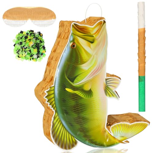 Glimin Fish Piata Ocean Under The Sea Fishing Piata for Birthday Party Decoration with Stick Bat Blindfold and Confetti for Fishing Fishermen Birthday Party Favors Photo Prop Supplies Decor - Image 1