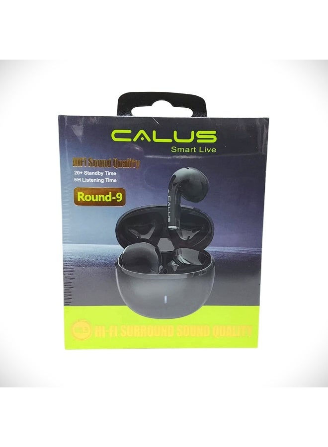 سماعات أذن لاسلكية CALUS Round-9 True - صوت محيطي هاي فاي، بلوتوث 5.3، وقت تشغيل 5 ساعات، حقيبة شحن محمولة