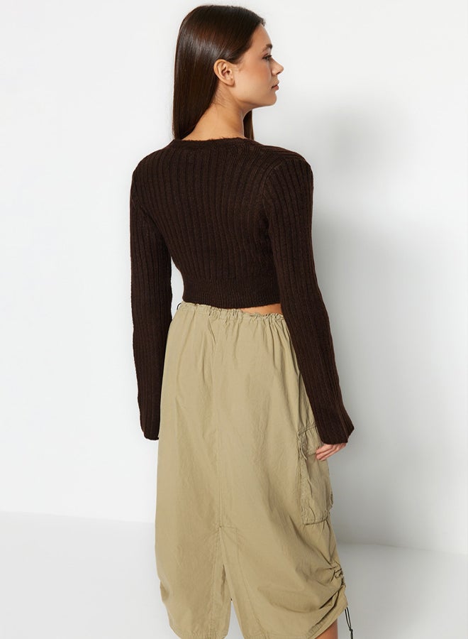 trendyol Brown Crop Soft Textured Double Breasted Knitwear Sweater - Image 5