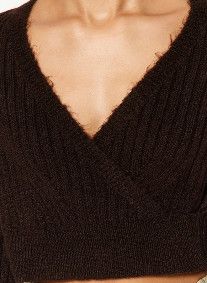 trendyol Brown Crop Soft Textured Double Breasted Knitwear Sweater - Image 4