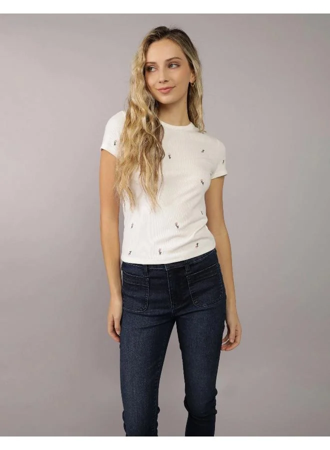 American Eagle AE Ditsy Embroidered Hey Baby Tee