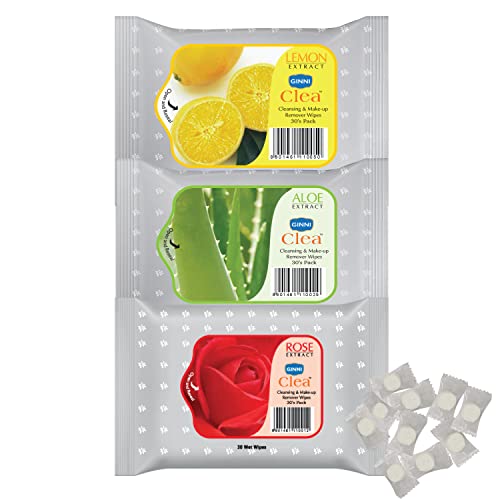 Ginni Clea Cleansing and Make-up Remover Wet Wipes (Rose,Aloevera,Lemon)(pack of 3)(30 wipes per pack) with Coin Tissues (50 pcs) Candy Pack - Image 1