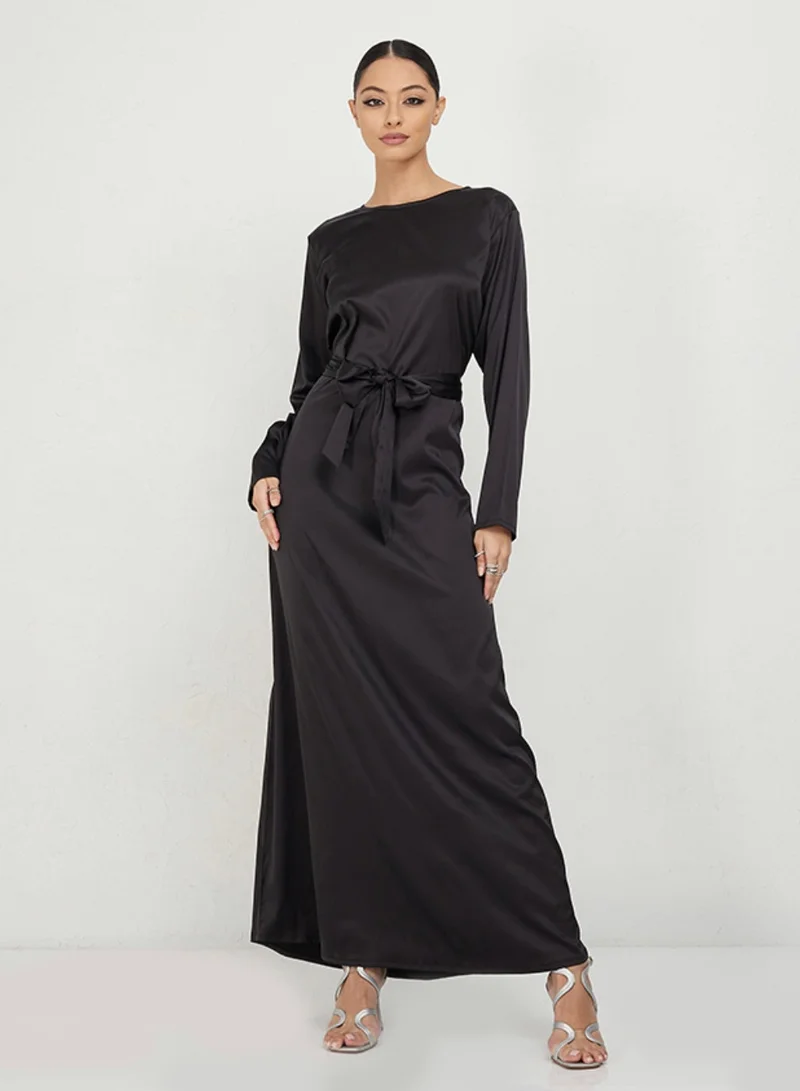Rosette Abaya Black Abaya Set with Black Inner Dress (2 Pieces)