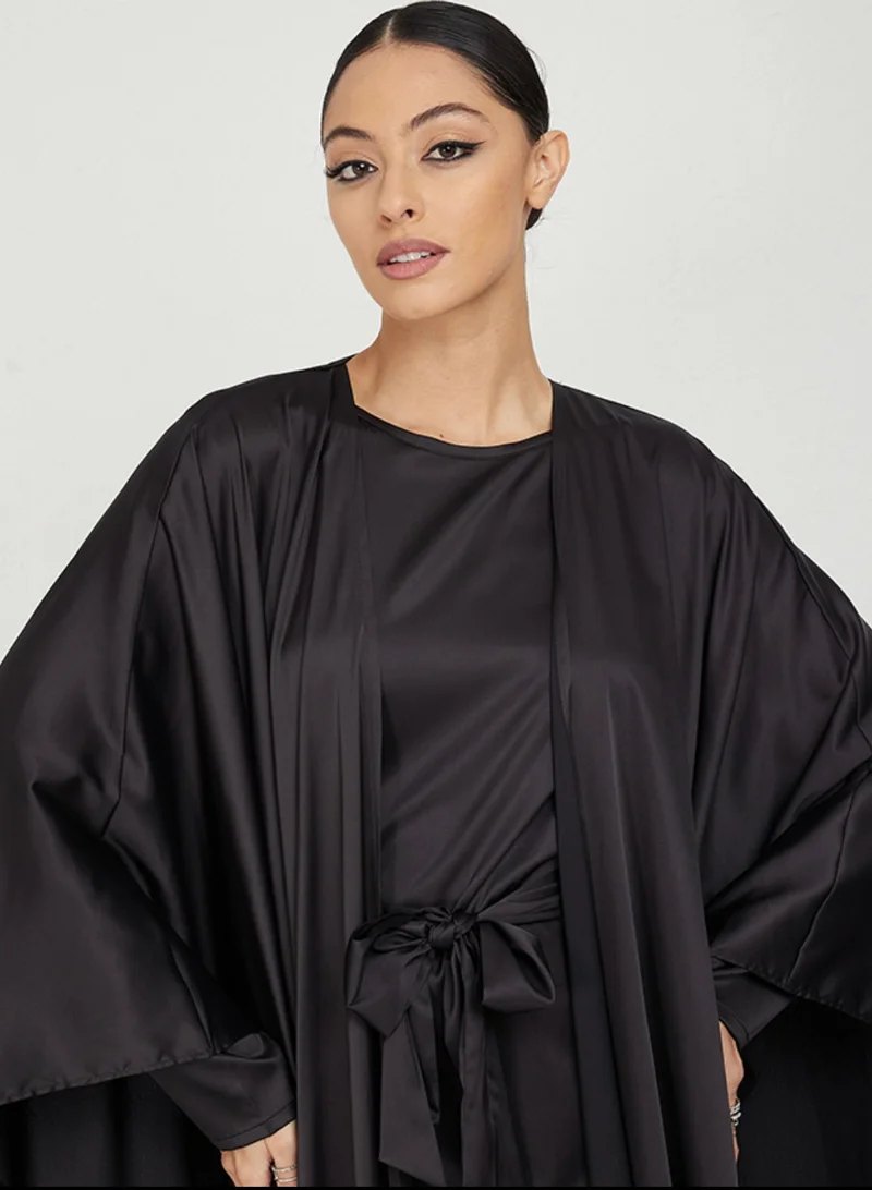 Rosette Abaya Black Abaya Set with Black Inner Dress (2 Pieces)