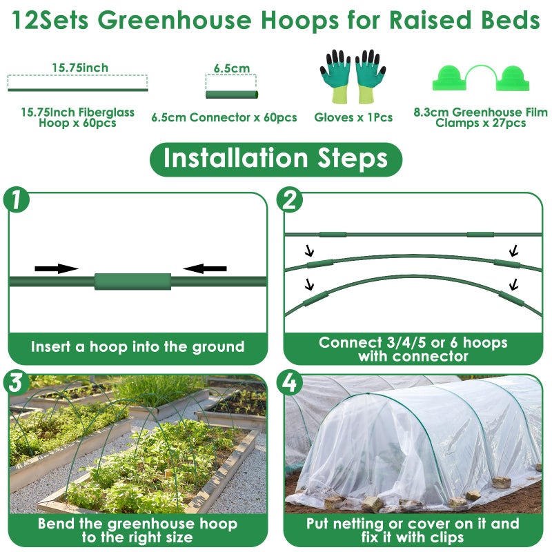 LifeisLuck 60 Pcs Garden Hoops for Raised Beds, 12 Sets Greenhouse Hoops Grow Tunnel Rust-Free Fiberglass Hoop House Kit, Plant Support Garden Stakes Hoops Frame for Netting Shade Cloth Row Cover Garden Supplies - Image 2