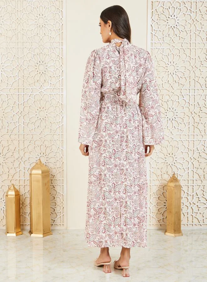 Styli Paisley Print Twist Detail A-Line Maxi Dress