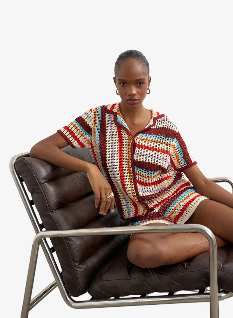 TOPSHOP Casual Short Sleeve Crochet Striped Knit Shirt - Image 3