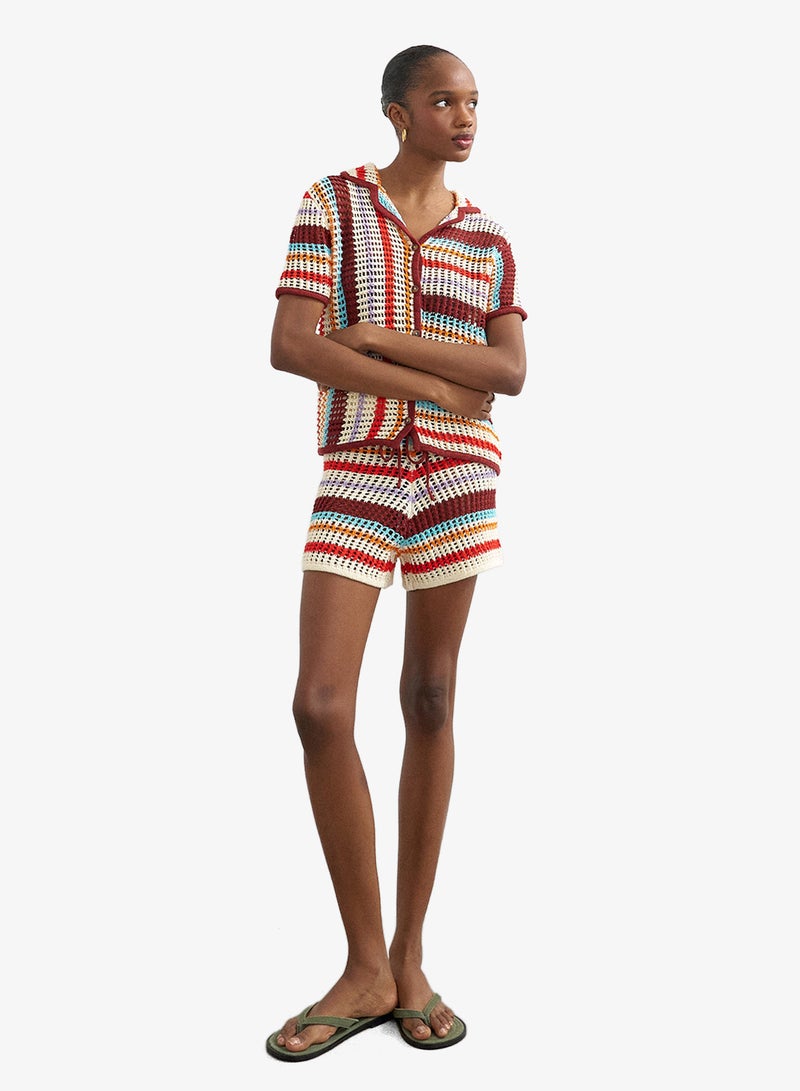 TOPSHOP Casual Short Sleeve Crochet Striped Knit Shirt - Image 4