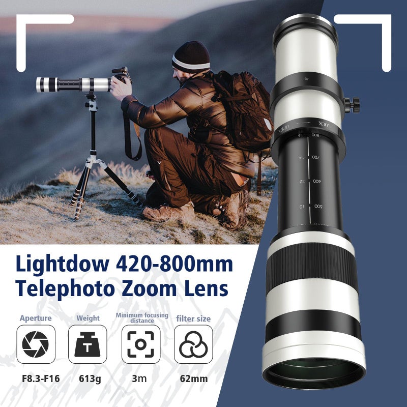 Lightdow EF/EF-S 420-800mm F8.3 Telephoto Zoom Lens(MF) for Canon EOS Rebel T8i/T7i/T7/T6i/T5/T3i/T2i/XSi/SL3/SL2/T100/90D/80D/70D/50D/5D Mark IV/6D II/7D II/1D X III II-Manual Focus DSLR Cameras Lenses(White) - Image 4