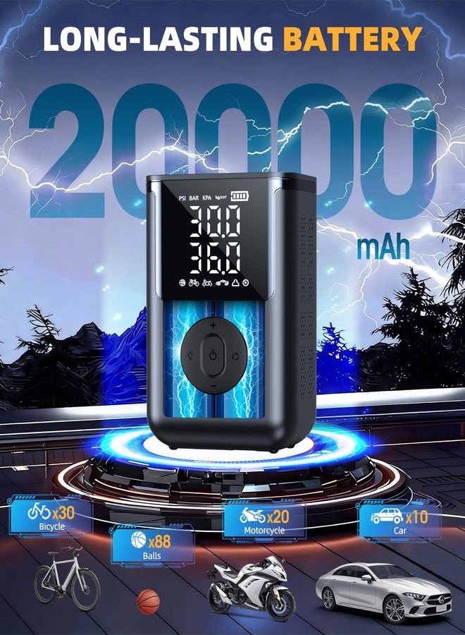 منفاخ إطارات محمول، ضاغط هواء، 160 رطل لكل بوصة مربعة ومضخة هواء لاسلكية 20000 مللي أمبير لإطارات السيارات مع مقياس ضغط رقمي، مضخة إطارات بإيقاف تشغيل تلقائي، منفاخ إطارات محمول للسيارات والدراجات النارية والدراجات الهوائية والكرات - Image 4