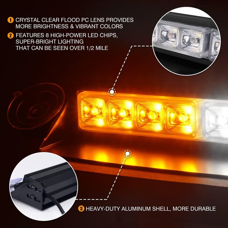 Xprite White & Amber LED Strobe Flashing Light - Windshield Dash Deck Hazard Warning Traffic Advisor - Image 3