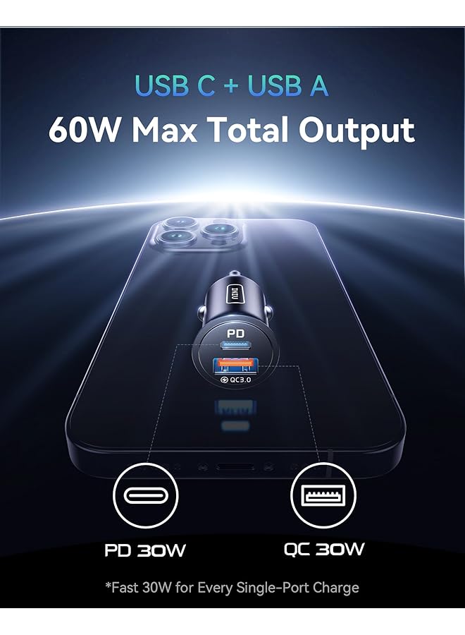 اي ان اي يو شاحن سيارة، محول شاحن سيارة 60 وات 5 أمبير، منفذين (يو إس بي سي + يو إس بي إيه) 5 أمبير، شحن سريع QC 3.0 Pd، شاحن ميني يو إس بي سي معدني بالكامل لأجهزة آيفون 16 15 14 13 12 برو ماكس وآيباد وسامسونج S23 S22 S21 وآير بودز - Image 2