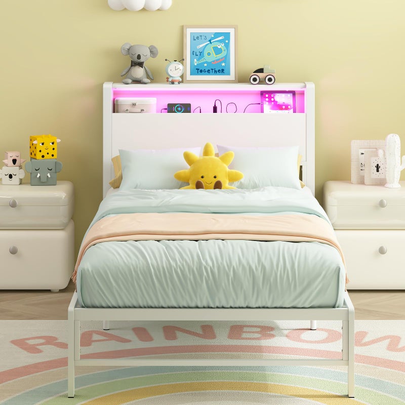 Weehom Twin Bed Frames with 2 Tiers Wood Storage Shelves Headboard Twin Size Bed with Charger Stations and LED Light Under Bed Storage Space Platform Bed for Kids Girls and Adults White