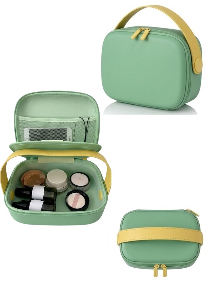 حقيبة تنظيم مستحضرات تجميل بيضاوية الشكل بمقبض علوي عريض، وسحاب مزدوج، وحقيبة مكياج احترافية مقاومة للصدمات، وحقيبة أدوات تجميل عملية للسفر، وحقيبة تخزين متعددة الأقسام مع جيب علوي شبكي، وحوامل فرش مرنة، وحقيبة مستحضرات تجميل متينة للاستخدام اليومي، ومجموعة أدوات فنان المكياج، وتخزين منتجات العناية بالبشرة وأدوات النظافة، وحقيبة تنظيم مستحضرات تجميل محمولة للسفر والمنزل (أخضر) - Image 1
