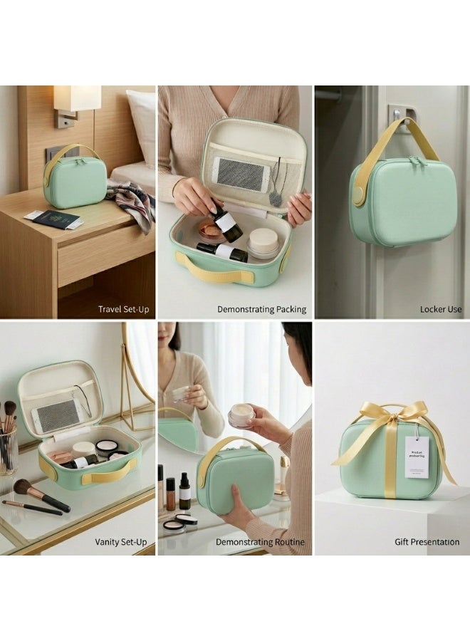 حقيبة تنظيم مستحضرات تجميل بيضاوية الشكل بمقبض علوي عريض، وسحاب مزدوج، وحقيبة مكياج احترافية مقاومة للصدمات، وحقيبة أدوات تجميل عملية للسفر، وحقيبة تخزين متعددة الأقسام مع جيب علوي شبكي، وحوامل فرش مرنة، وحقيبة مستحضرات تجميل متينة للاستخدام اليومي، ومجموعة أدوات فنان المكياج، وتخزين منتجات العناية بالبشرة وأدوات النظافة، وحقيبة تنظيم مستحضرات تجميل محمولة للسفر والمنزل (أخضر) - Image 2