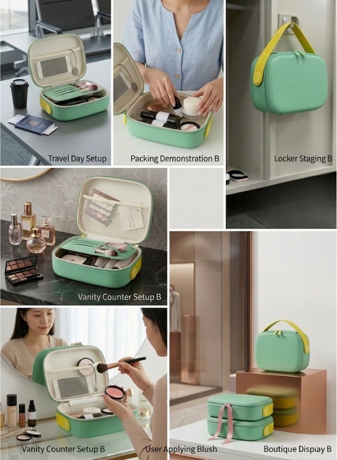 حقيبة تنظيم مستحضرات تجميل بيضاوية الشكل بمقبض علوي عريض، وسحاب مزدوج، وحقيبة مكياج احترافية مقاومة للصدمات، وحقيبة أدوات تجميل عملية للسفر، وحقيبة تخزين متعددة الأقسام مع جيب علوي شبكي، وحوامل فرش مرنة، وحقيبة مستحضرات تجميل متينة للاستخدام اليومي، ومجموعة أدوات فنان المكياج، وتخزين منتجات العناية بالبشرة وأدوات النظافة، وحقيبة تنظيم مستحضرات تجميل محمولة للسفر والمنزل (أخضر) - Image 3